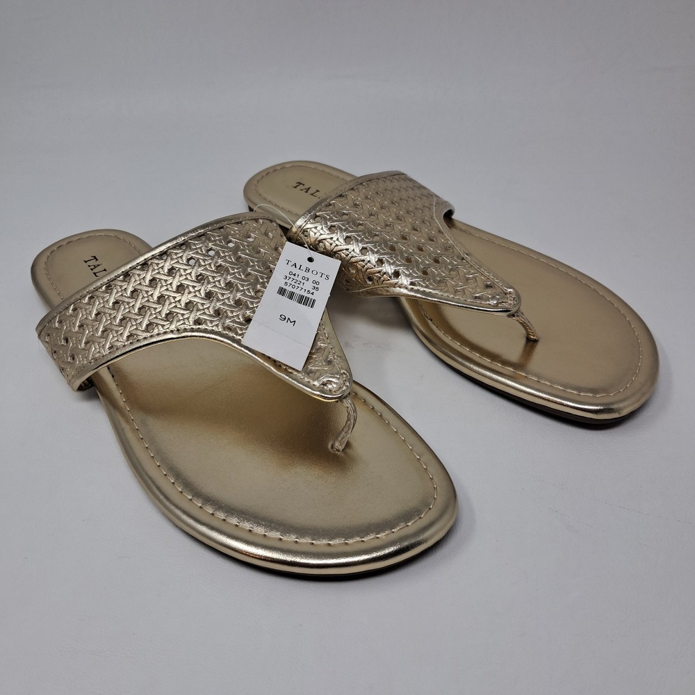 Talbots Womens Metallic Gold Woven Thong Sandals NWT Size 9M Flat Slip On Shoes